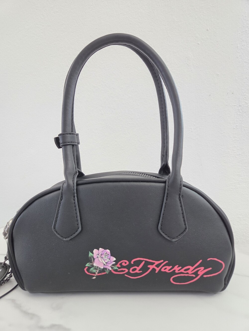 Ed Hardy Tiger Rose Tattoo Black Vegan Leather Barrel Bag NWT Charms Edgy - Picture 4 of 16